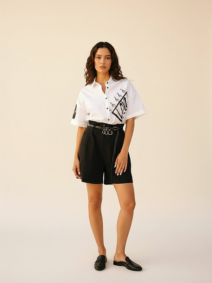 Siyah - Farren Büzgü Belli Şort - FRN60030 - Model on white - front