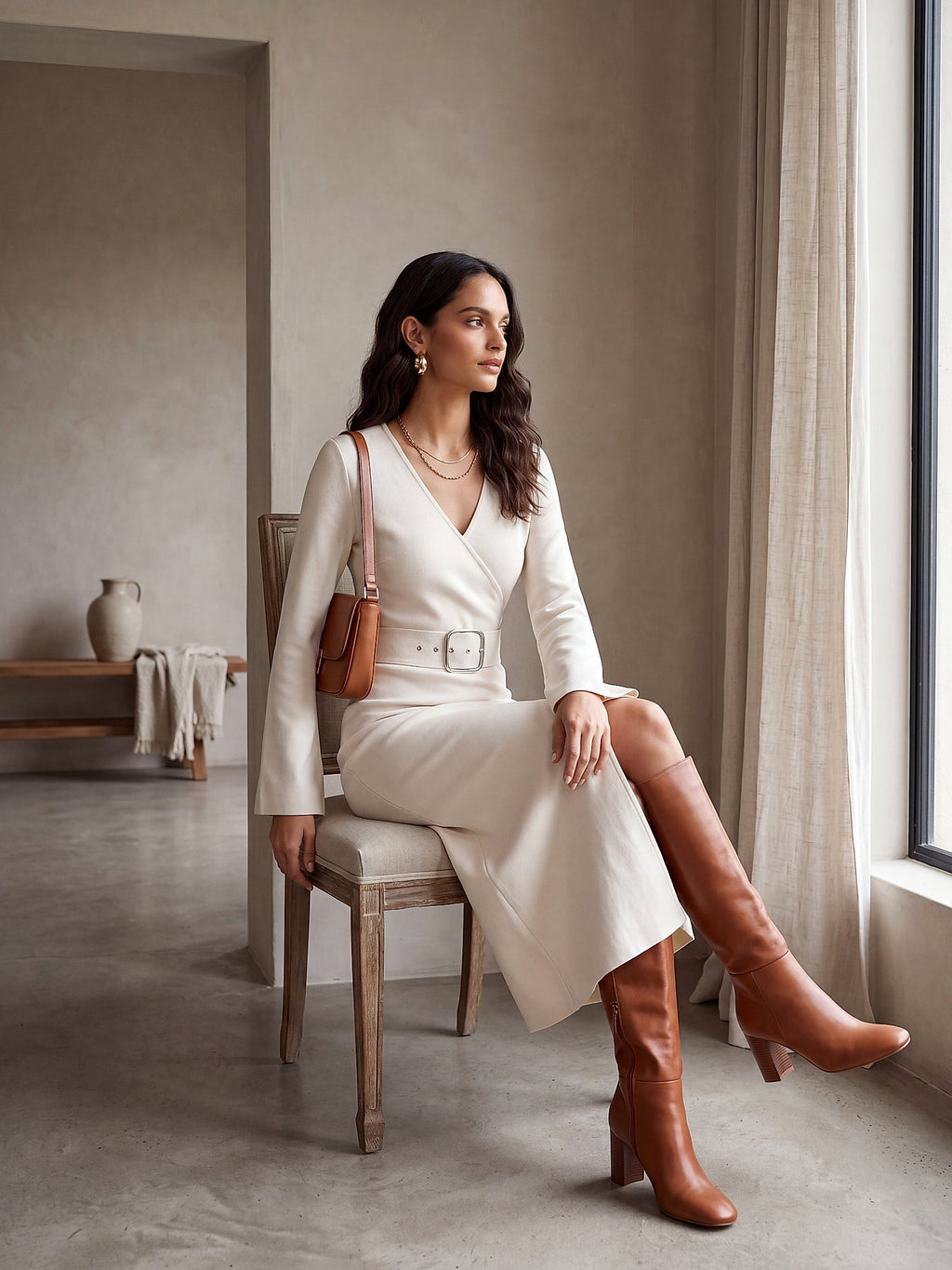 Beyaz - Farren Çapraz V Yaka Yırtmaçlı Triko Midi Elbise - FRN311725 - Lookbook editorial interior