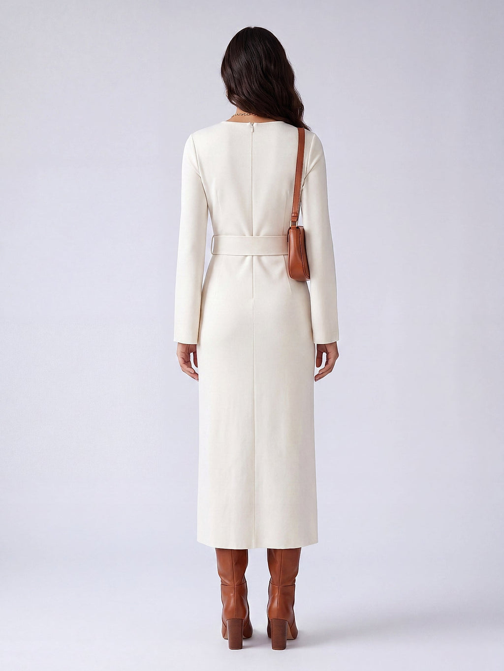 Beyaz - Farren Çapraz V Yaka Yırtmaçlı Triko Midi Elbise - FRN311725 - Model on white - back/side