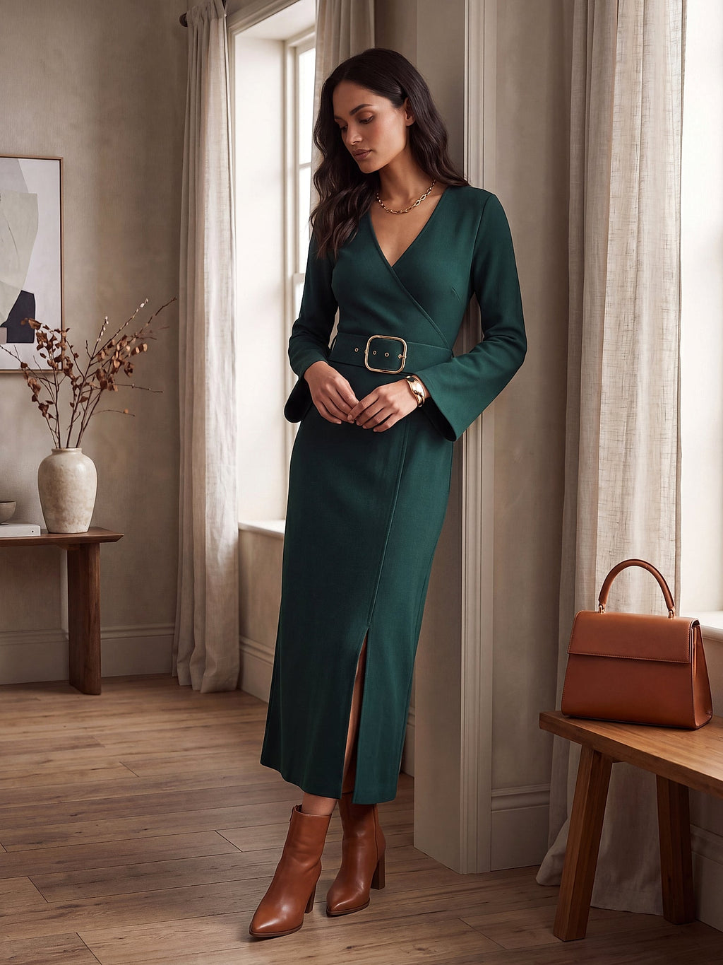 Yeşil - Farren Çapraz V Yaka Yırtmaçlı Triko Midi Elbise - FRN311725 - Lookbook editorial interior