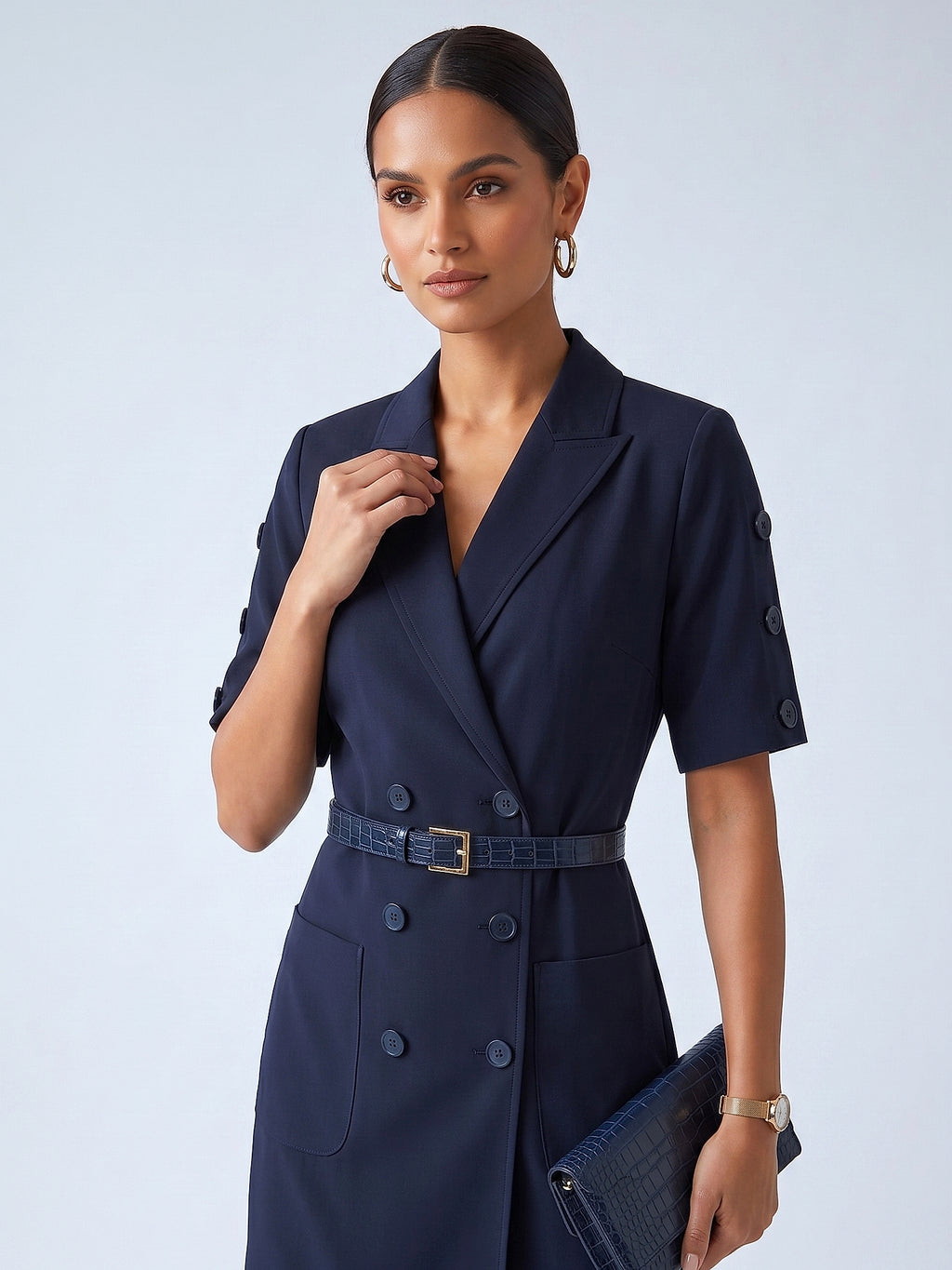 Lacivert - Farren Ceket Yaka Kruvaze Mini Elbise - FRN3022 - Editorial waist-up detail
