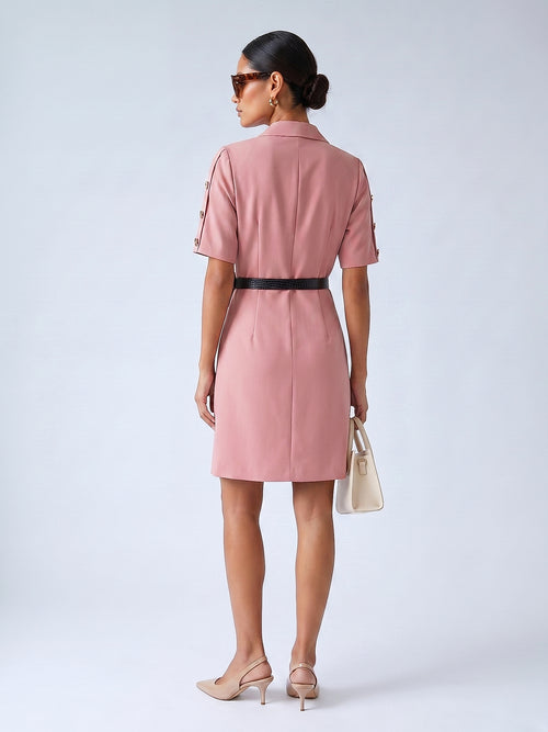 Pembe - Farren Ceket Yaka Kruvaze Mini Elbise - FRN3022 - Model on white - back/side