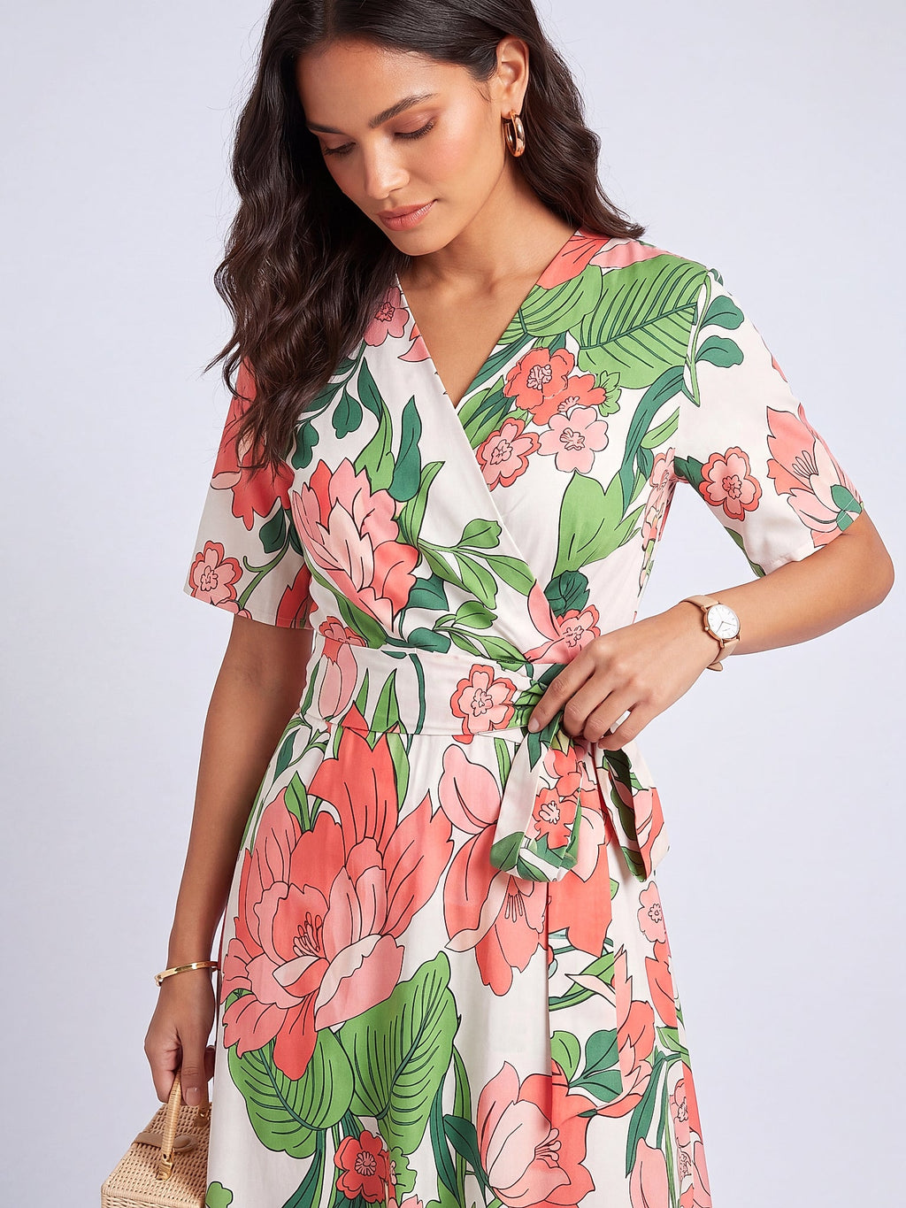 Pembe - Farren Çiçek Desenli Kuşaklı Midi Elbise - FRN3038325 - Editorial waist-up detail