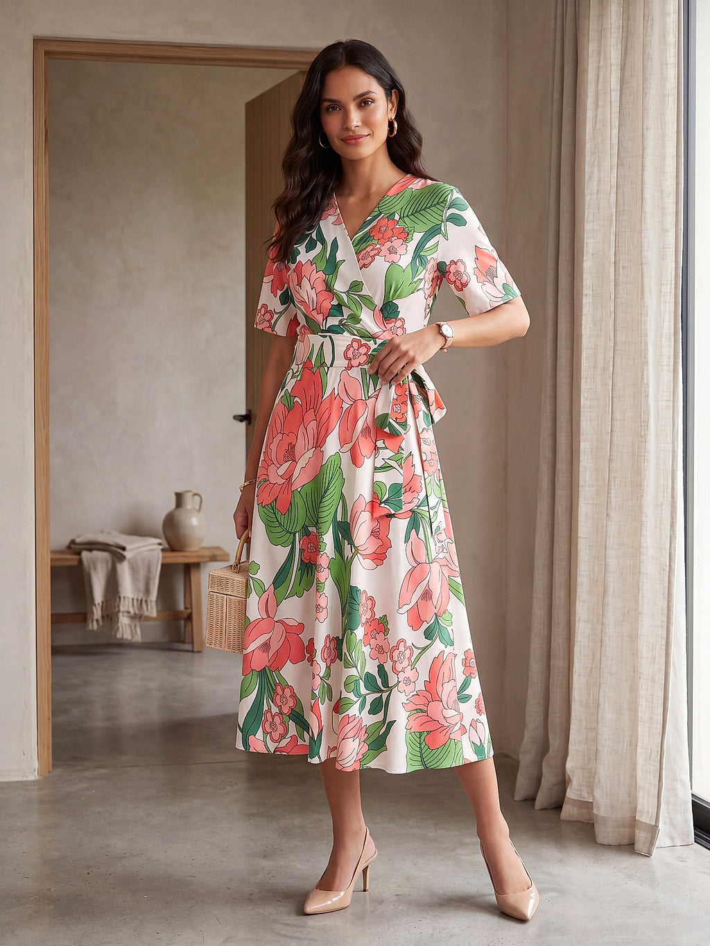 Pembe - Farren Çiçek Desenli Kuşaklı Midi Elbise - FRN3038325 - Lookbook editorial interior