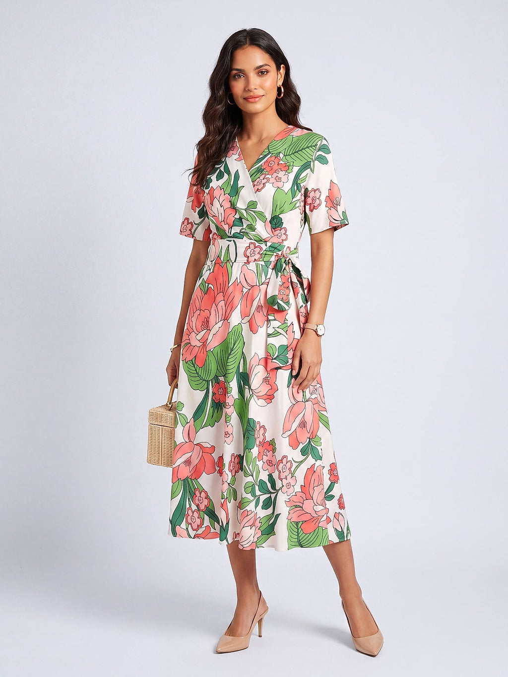 Pembe - Farren Çiçek Desenli Kuşaklı Midi Elbise - FRN3038325 - Model on white - front