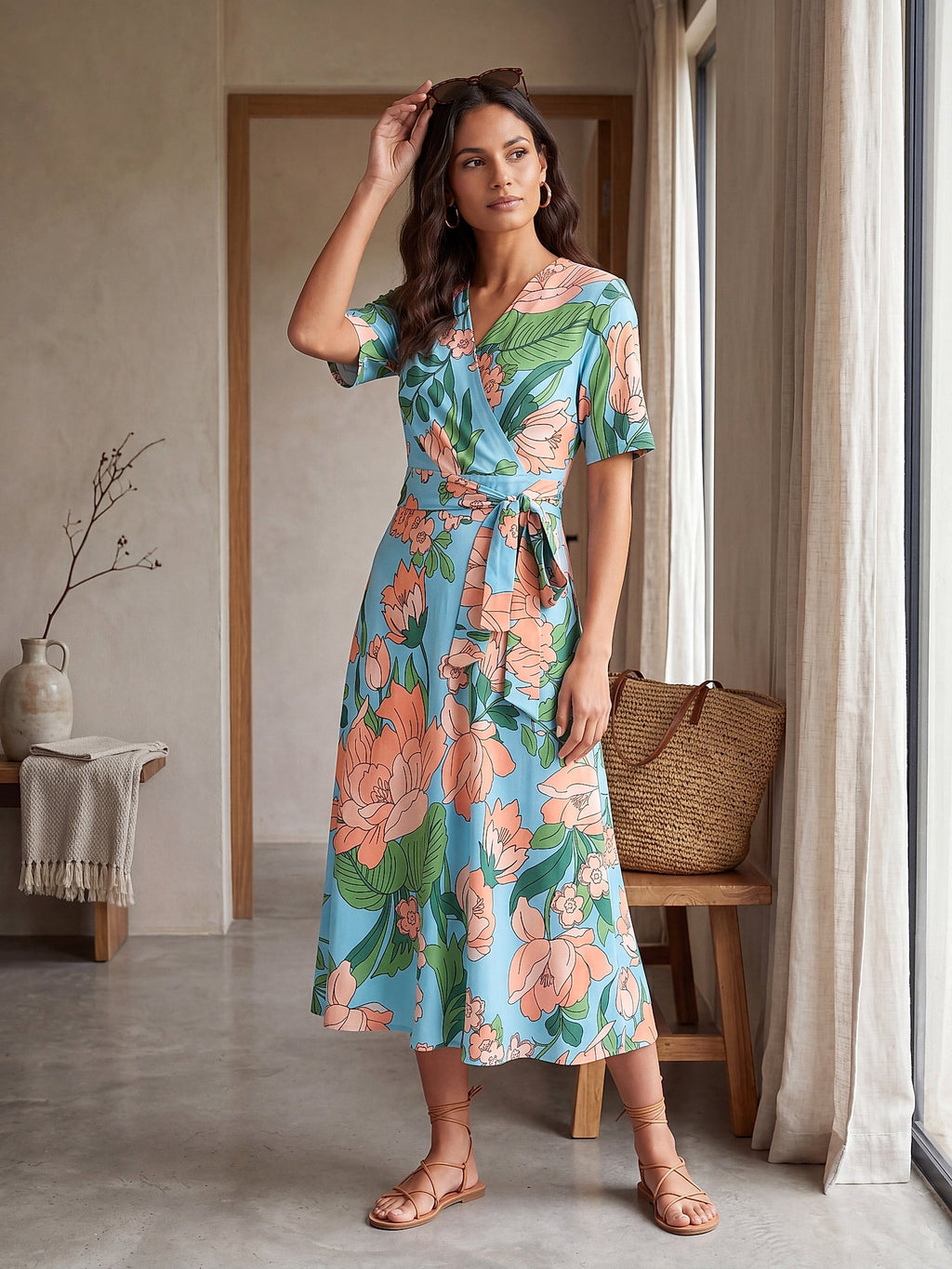 Yeşil - Farren Çiçek Desenli Kuşaklı Midi Elbise - FRN3038325 - Lookbook editorial interior