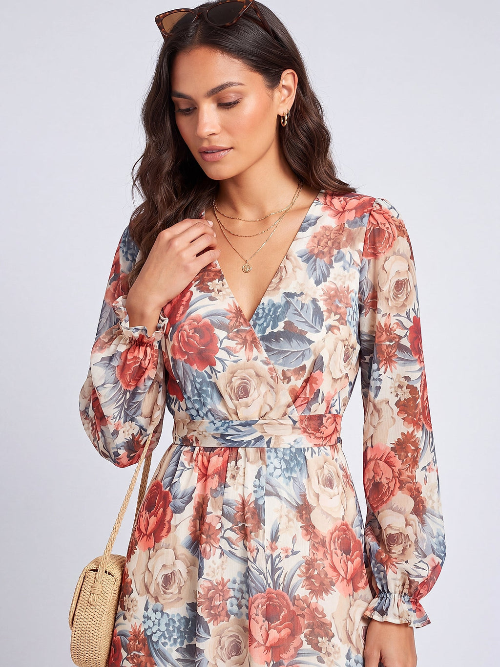 Beyaz - Farren Çiçek Desenli Şifon Mini Elbise - FRN30380 - Editorial waist-up detail