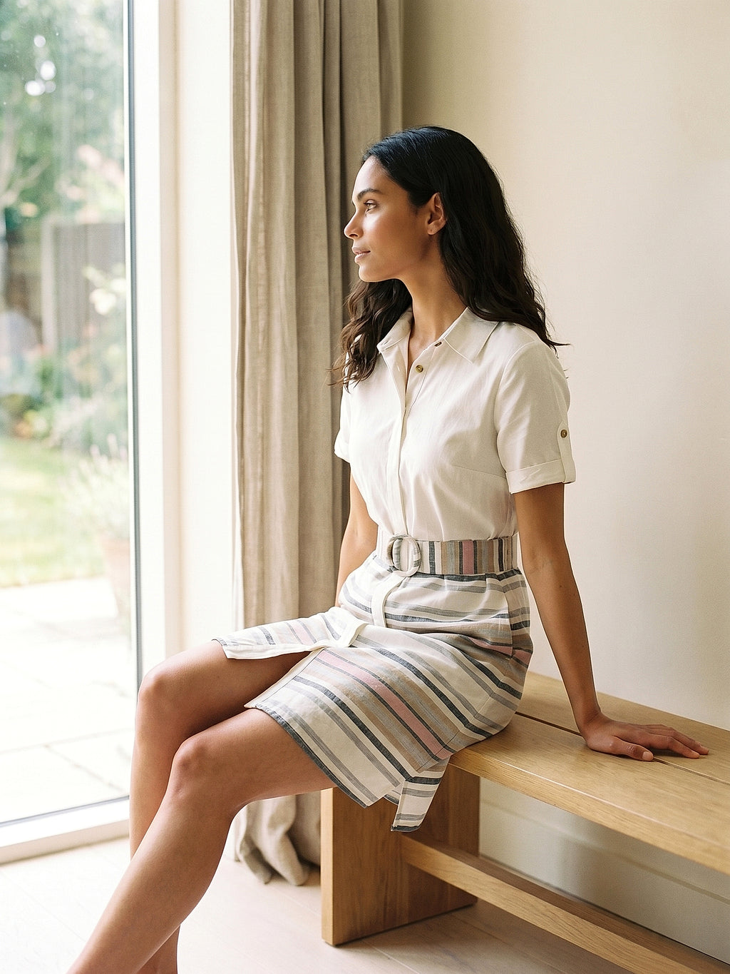 Pembe - Farren Çizgili Kemerli Kısa Kollu Gömlek Mini Elbise - FRN30339 - Lookbook editorial interior