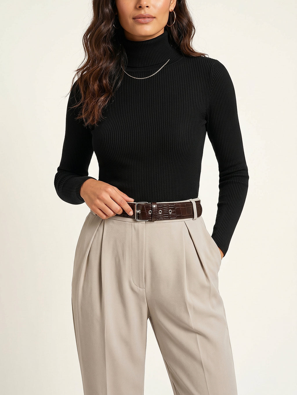 Bej - Farren Duble Paça Pilili Yüksek Bel Pantolon - FRN200025 - Editorial waist-up detail