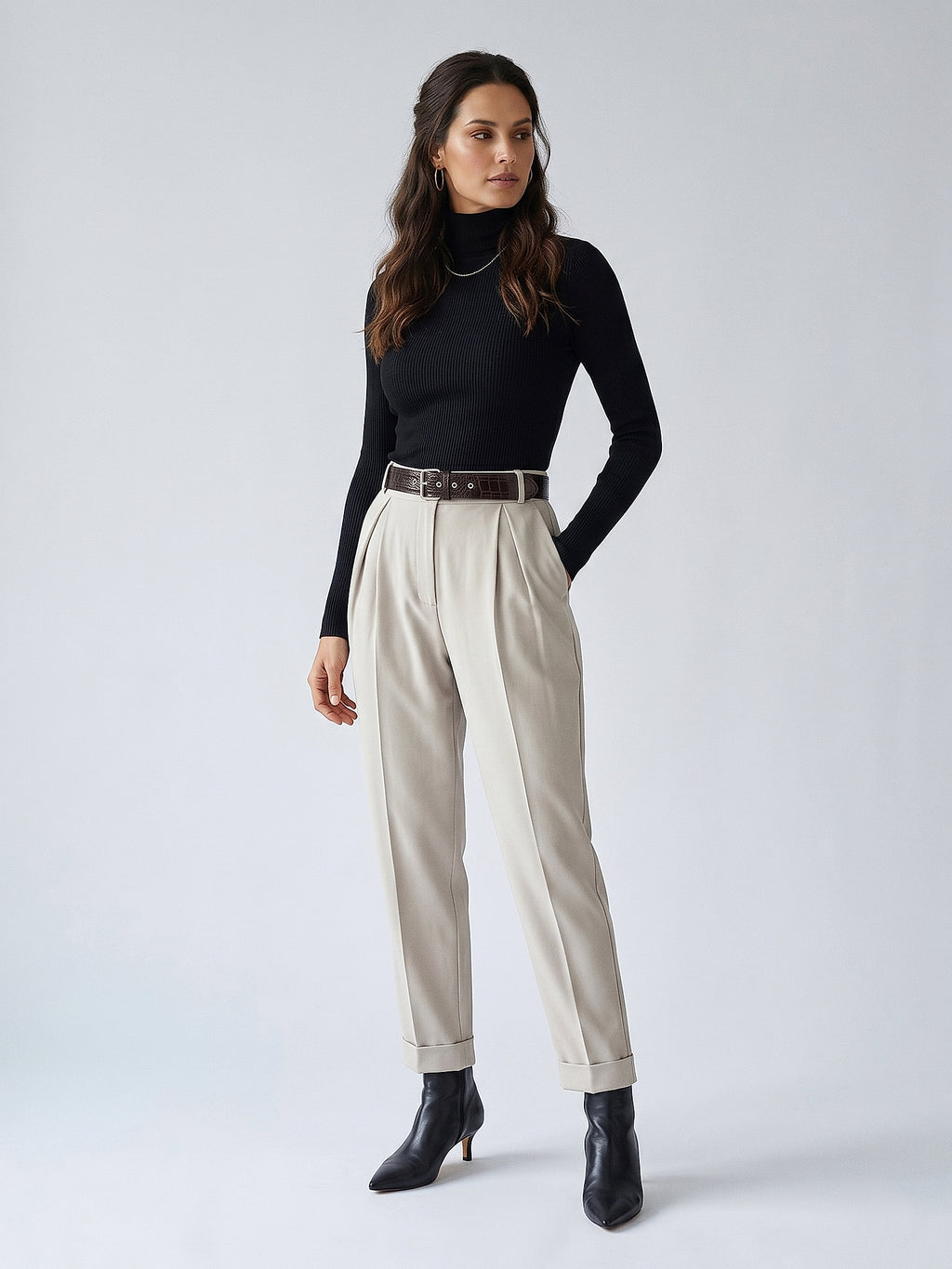 Bej - Farren Duble Paça Pilili Yüksek Bel Pantolon - FRN200025 - Model on white - front
