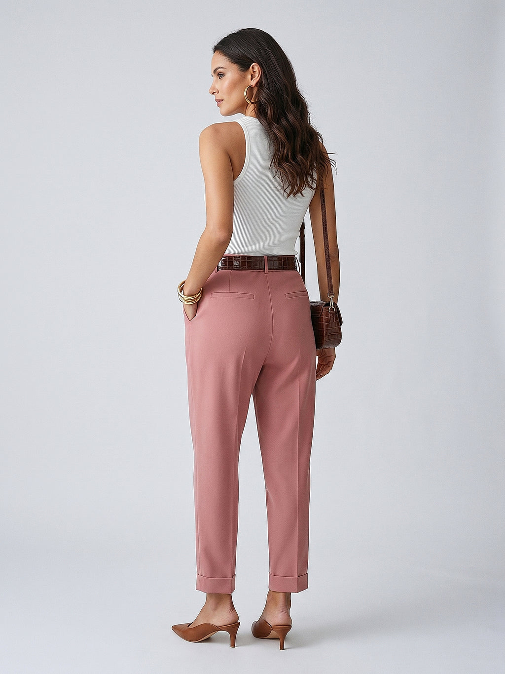 Pembe - Farren Duble Paça Pilili Yüksek Bel Pantolon - FRN200025 - Model on white - back/side