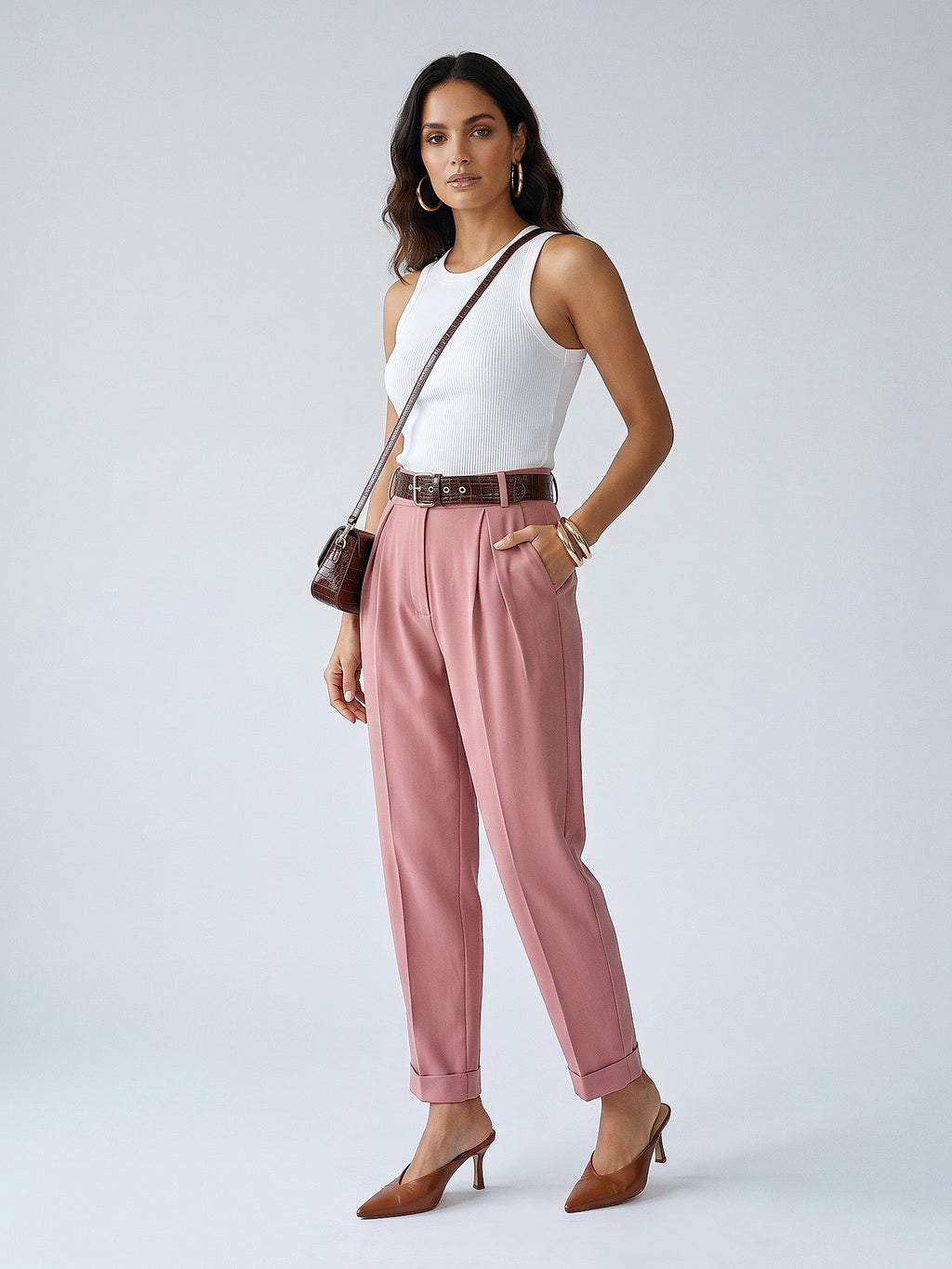 Pembe - Farren Duble Paça Pilili Yüksek Bel Pantolon - FRN200025 - Model on white - front