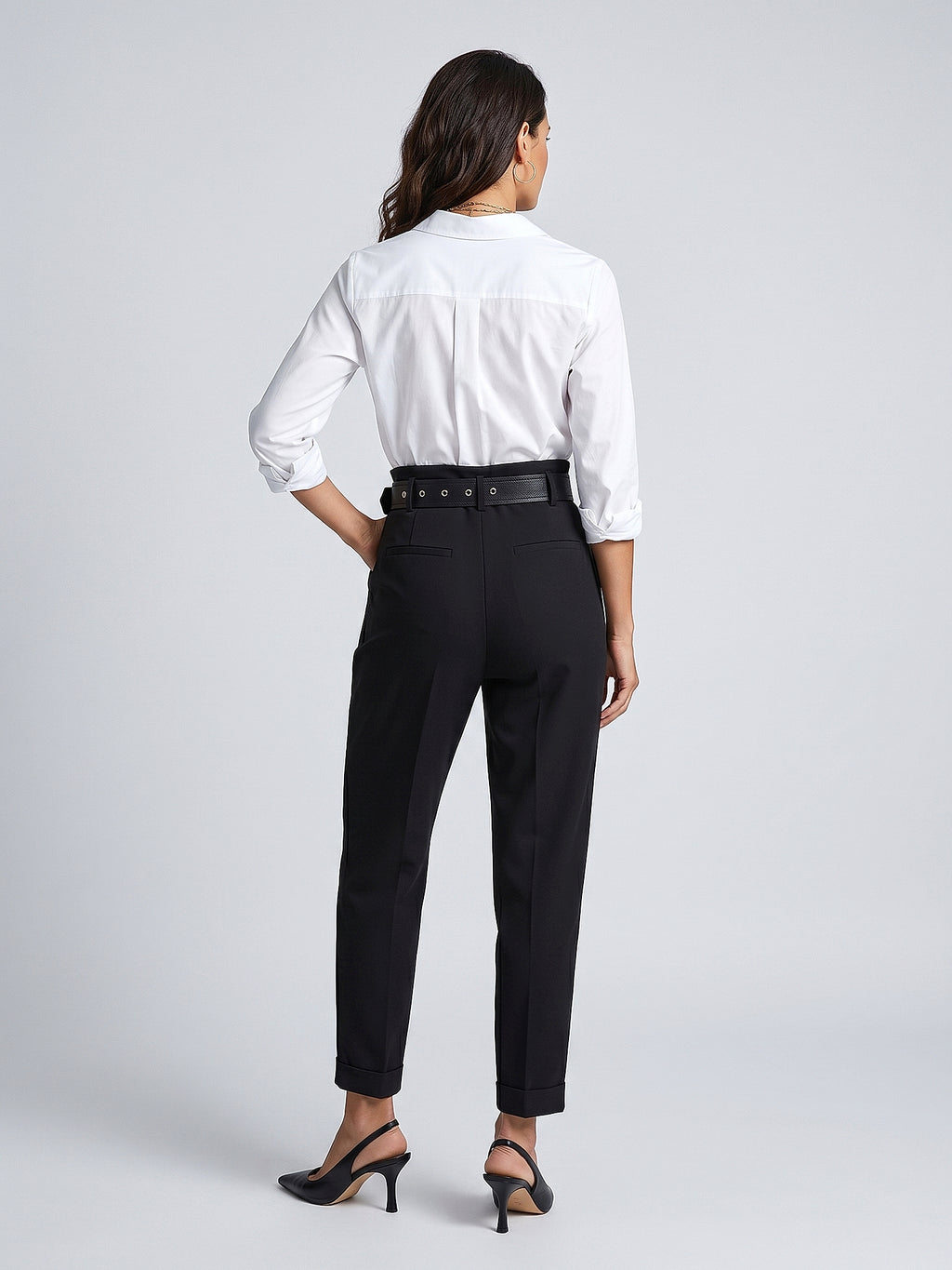 Siyah - Farren Duble Paça Pilili Yüksek Bel Pantolon - FRN200025 - Model on white - back/side