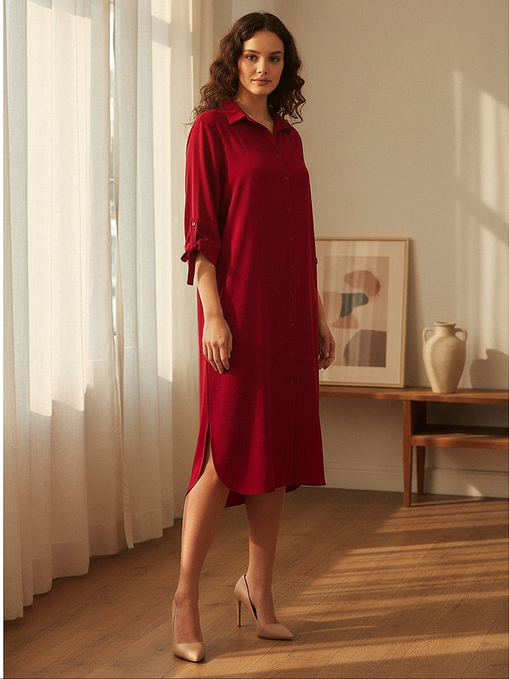 Bordo - Farren Düğmeli Bağcık Kol Detaylı Diz Altı Gömlek Elbise - FRN310225 - Lookbook Istanbul interior