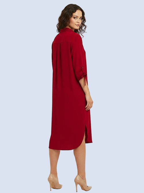 Bordo - Farren Düğmeli Bağcık Kol Detaylı Diz Altı Gömlek Elbise - FRN310225 - Model on white - back/side