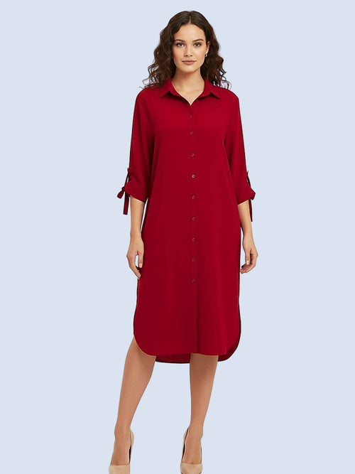 Bordo - Farren Düğmeli Bağcık Kol Detaylı Diz Altı Gömlek Elbise - FRN310225 - Model on white - front