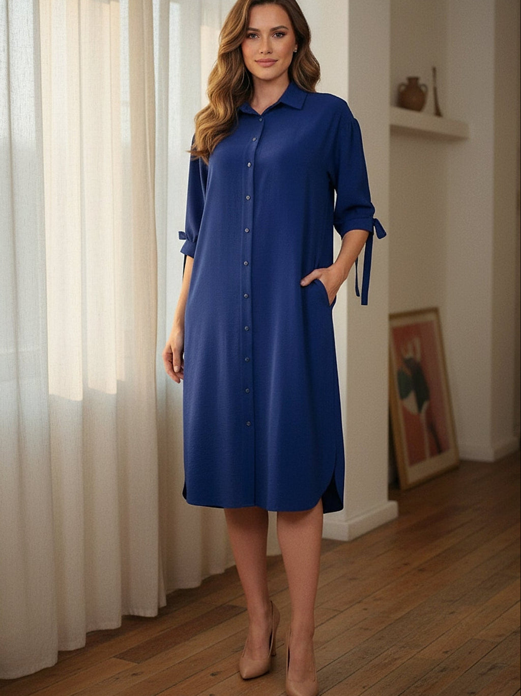 Mavi - Farren Düğmeli Bağcık Kol Detaylı Diz Altı Gömlek Elbise - FRN310225 - Lookbook Istanbul interior