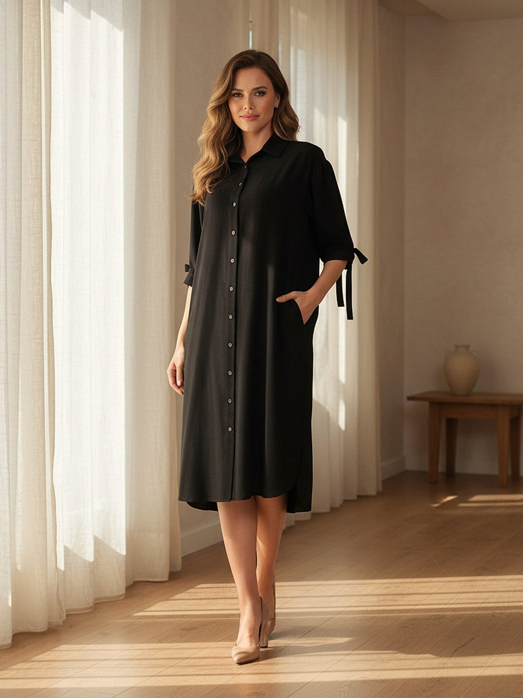 Siyah - Farren Düğmeli Bağcık Kol Detaylı Diz Altı Gömlek Elbise - FRN310225 - Lookbook Istanbul interior