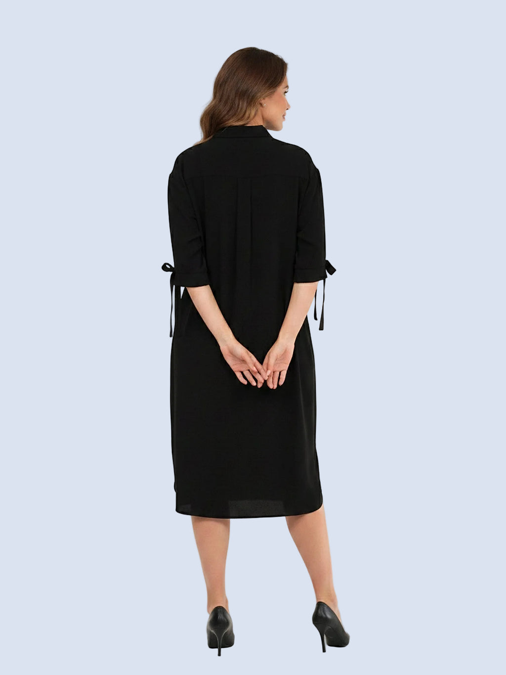 Siyah - Farren Düğmeli Bağcık Kol Detaylı Diz Altı Gömlek Elbise - FRN310225 - Model on white - back/side