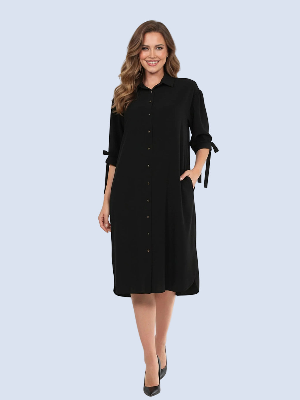 Siyah - Farren Düğmeli Bağcık Kol Detaylı Diz Altı Gömlek Elbise - FRN310225 - Model on white - front