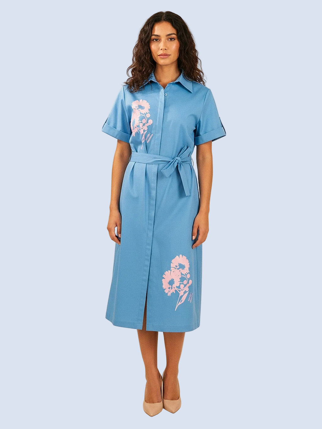 Mavi - Farren Düğmeli Kuşaklı Çiçek Baskılı Gömlek Elbise - FRN3049 - Model on white - front