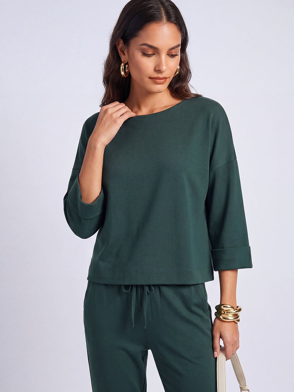 Koyu Yeşil - Farren Düşük Omuz Örme İkili Takım - FRN610225 - Editorial waist-up detail