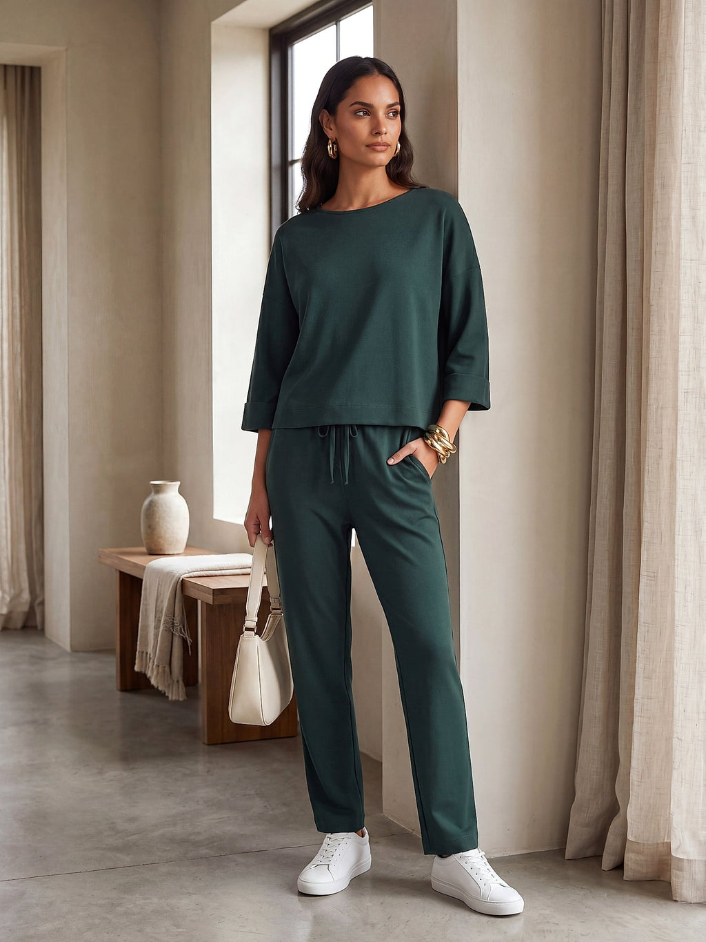 Koyu Yeşil - Farren Düşük Omuz Örme İkili Takım - FRN610225 - Lookbook editorial interior