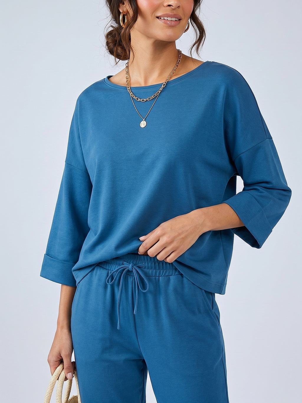 Mavi - Farren Düşük Omuz Örme İkili Takım - FRN610225 - Editorial waist-up detail