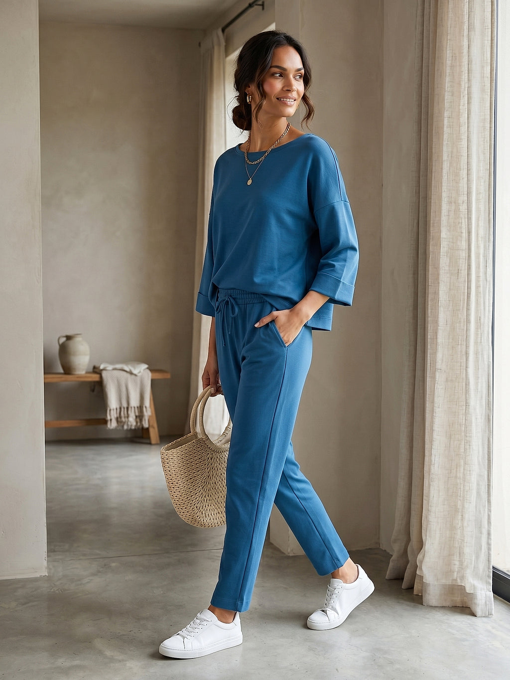 Mavi - Farren Düşük Omuz Örme İkili Takım - FRN610225 - Lookbook editorial interior