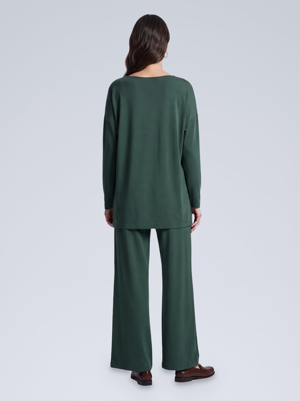 Şişe Yeşili - Farren Düşük Omuz Palazzo Pantolonlu Örme İkili Takım - FRN610125 - Model on white - back