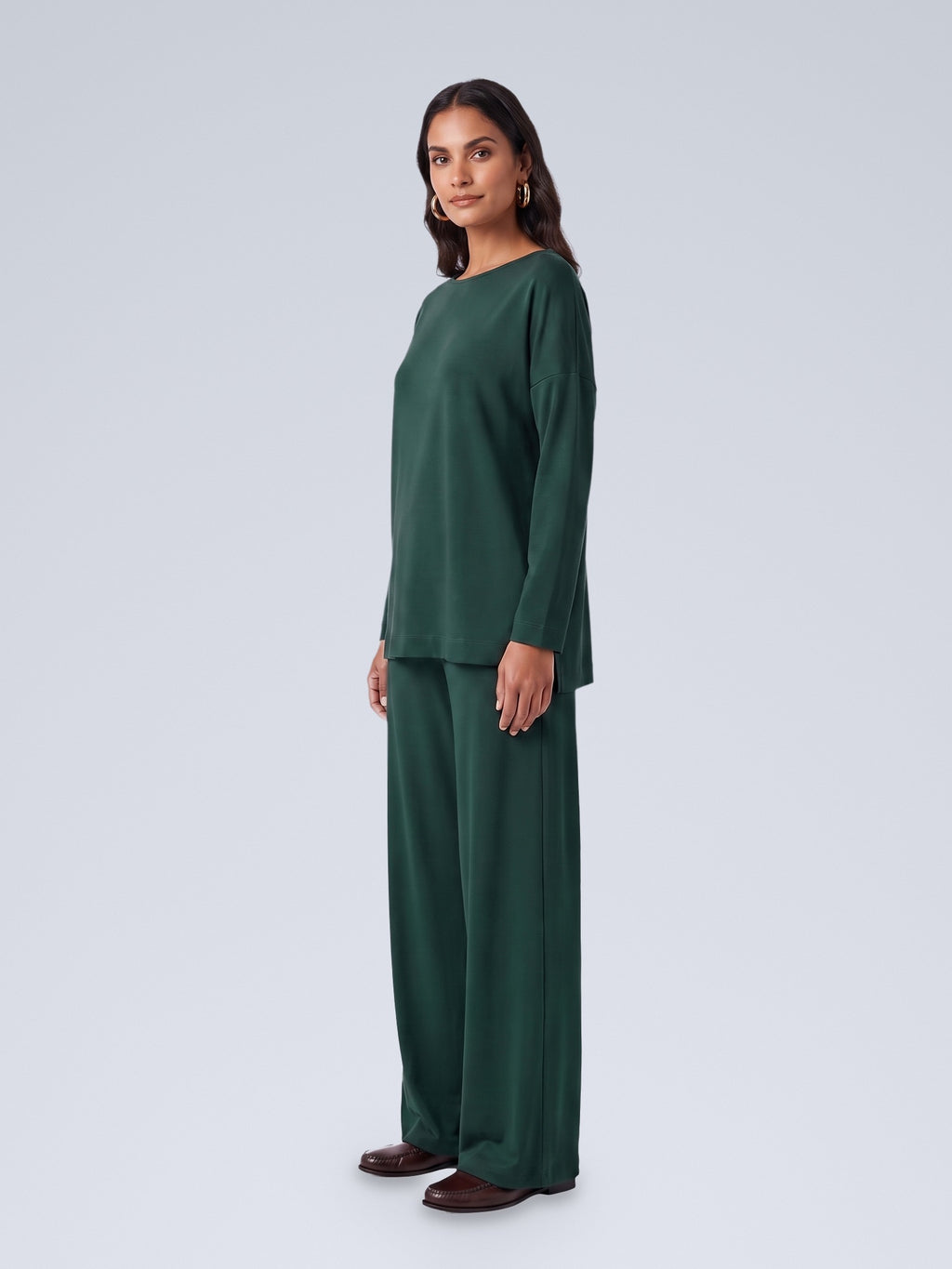 Şişe Yeşili - Farren Düşük Omuz Palazzo Pantolonlu Örme İkili Takım - FRN610125 - Model on white - side