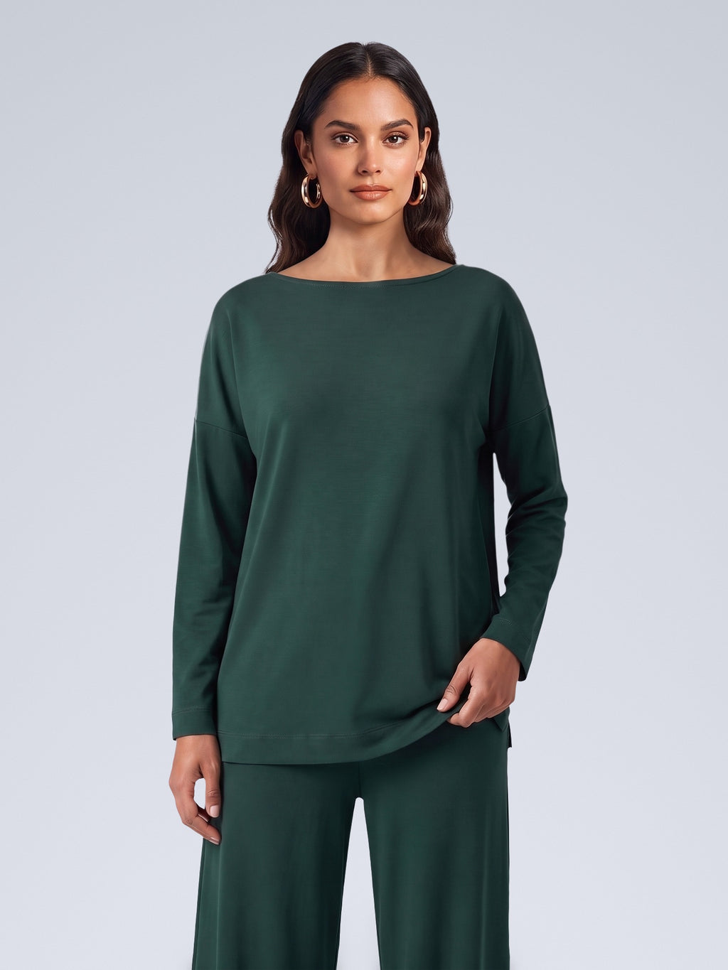 Şişe Yeşili - Farren Düşük Omuz Palazzo Pantolonlu Örme İkili Takım - FRN610125 - Editorial waist-up detail
