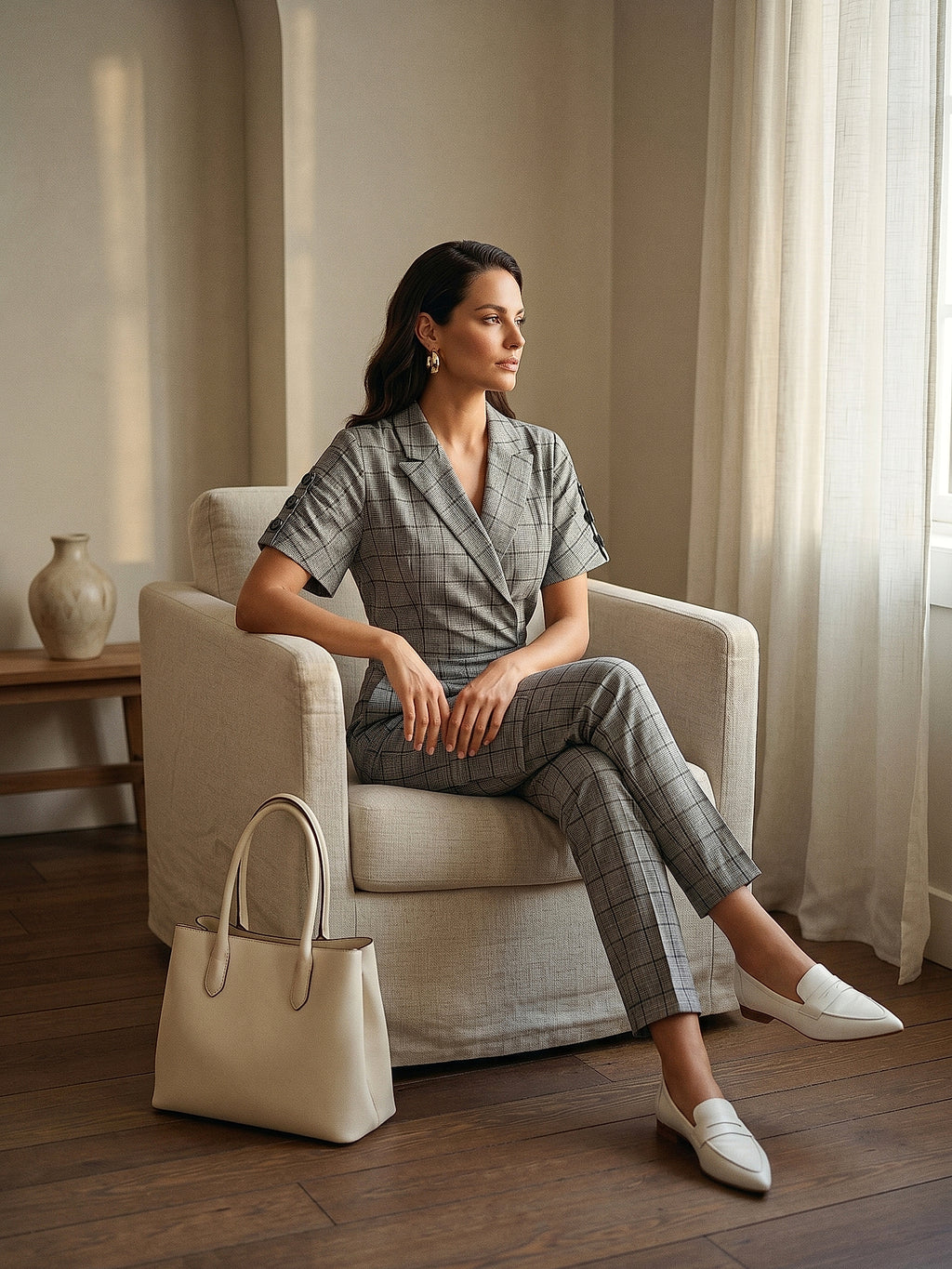 Gri - Farren Ekose Desenli Dokuma Tulum - FRN5000 - Lookbook editorial interior