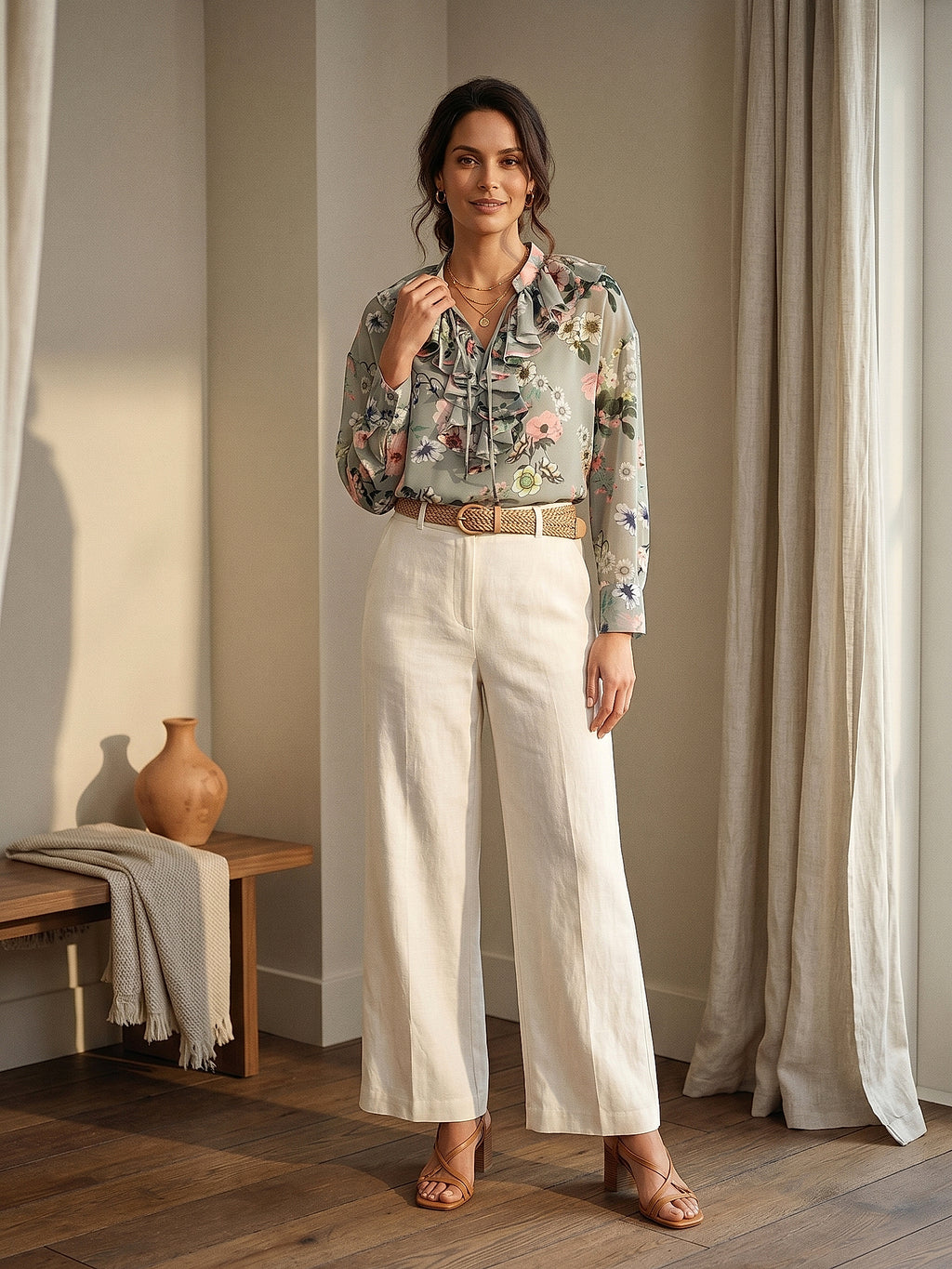 Gri - Farren Fırfır Yakalı Şifon Bluz - FRN100125 - Lookbook editorial interior