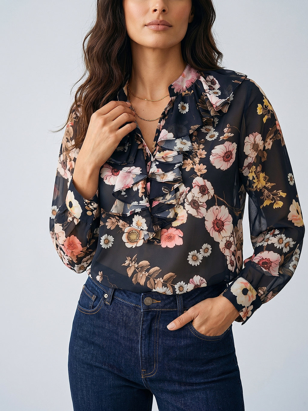 Lacivert - Farren Fırfır Yakalı Şifon Bluz - FRN100125 - Editorial waist-up detail