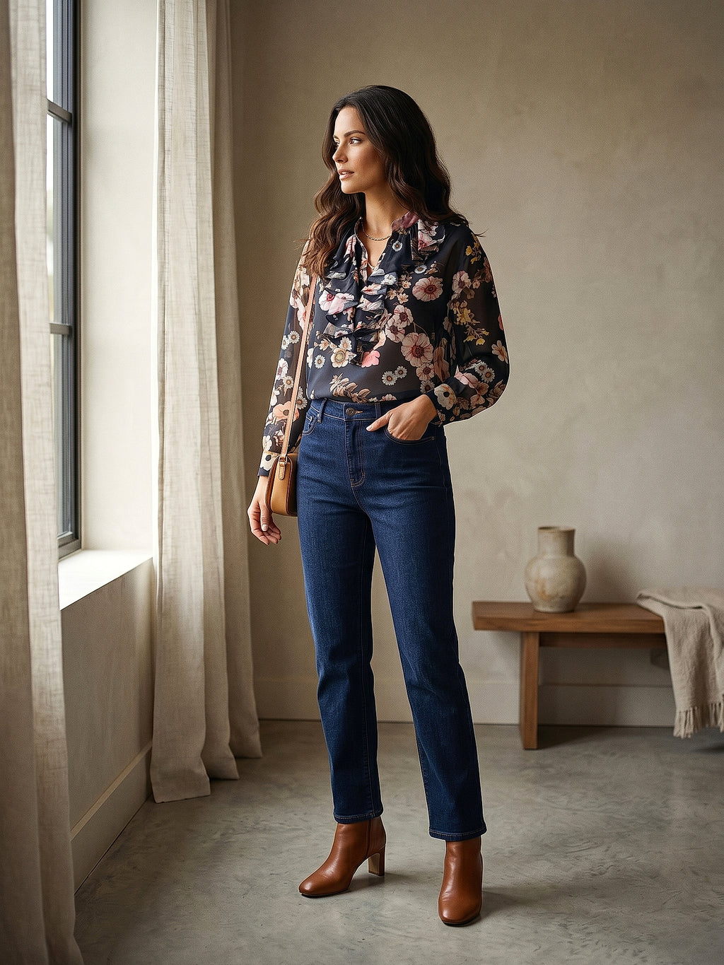Lacivert - Farren Fırfır Yakalı Şifon Bluz - FRN100125 - Lookbook editorial interior