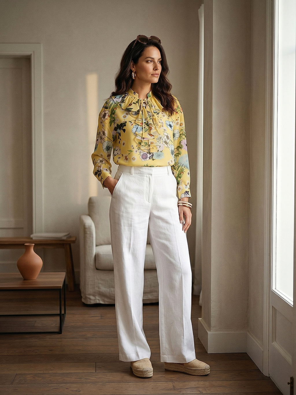 Sarı - Farren Fırfır Yakalı Şifon Bluz - FRN100125 - Lookbook editorial interior