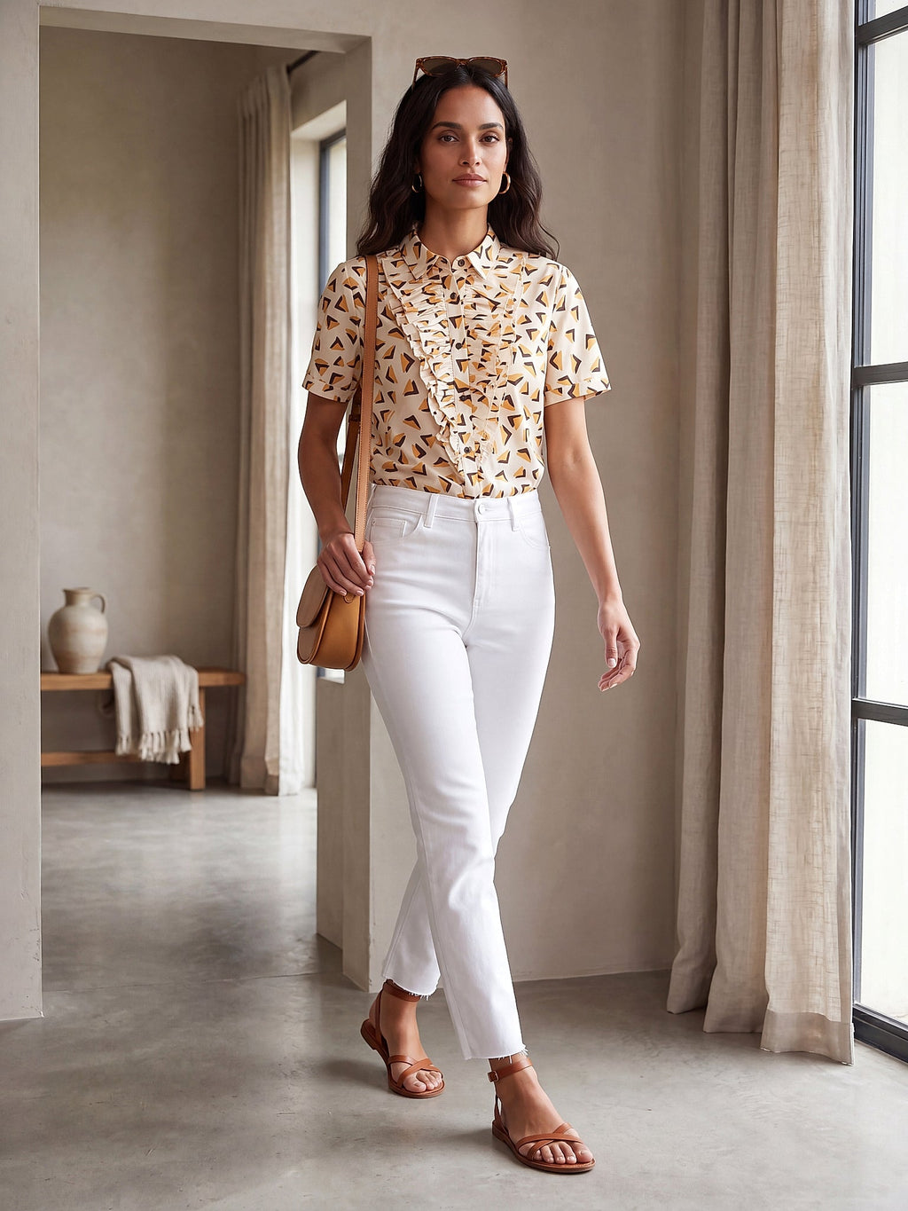 Beyaz - Farren Fırfırlı Kısa Kollu Poplin Gömlek - FRN100825 - Lookbook editorial interior