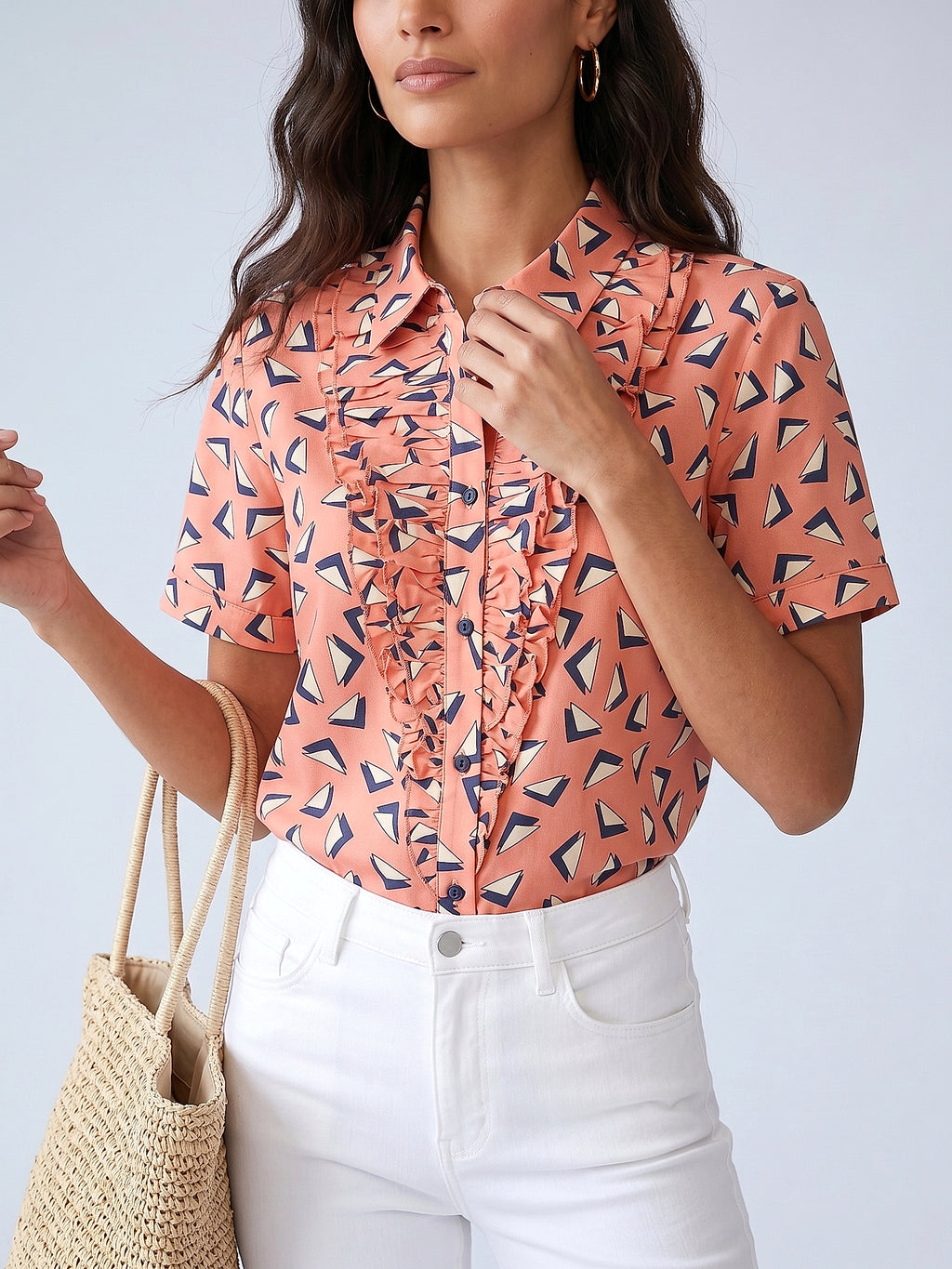 Pembe - Farren Fırfırlı Kısa Kollu Poplin Gömlek - FRN100825 - Editorial waist-up detail