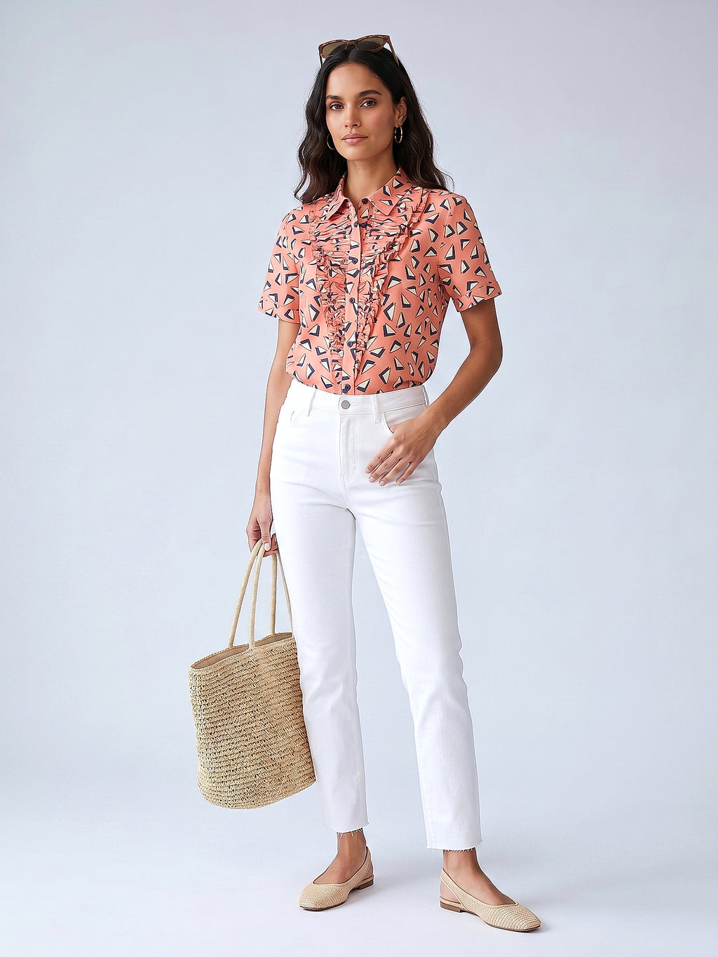 Pembe - Farren Fırfırlı Kısa Kollu Poplin Gömlek - FRN100825 - Model on white - front