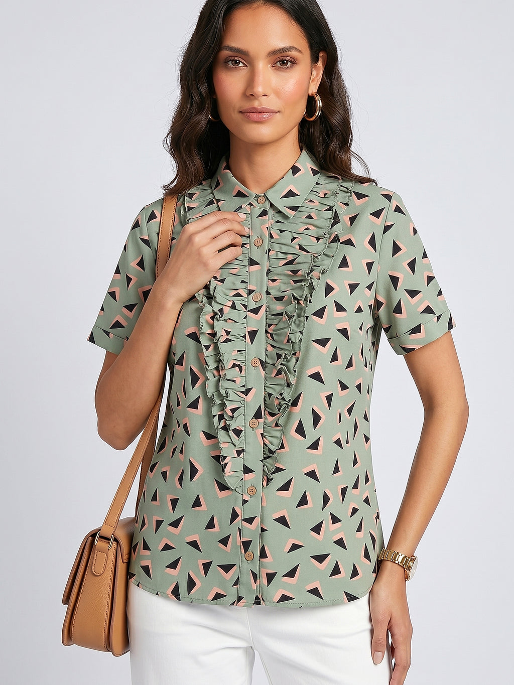 Yeşil - Farren Fırfırlı Kısa Kollu Poplin Gömlek - FRN100825 - Editorial waist-up detail