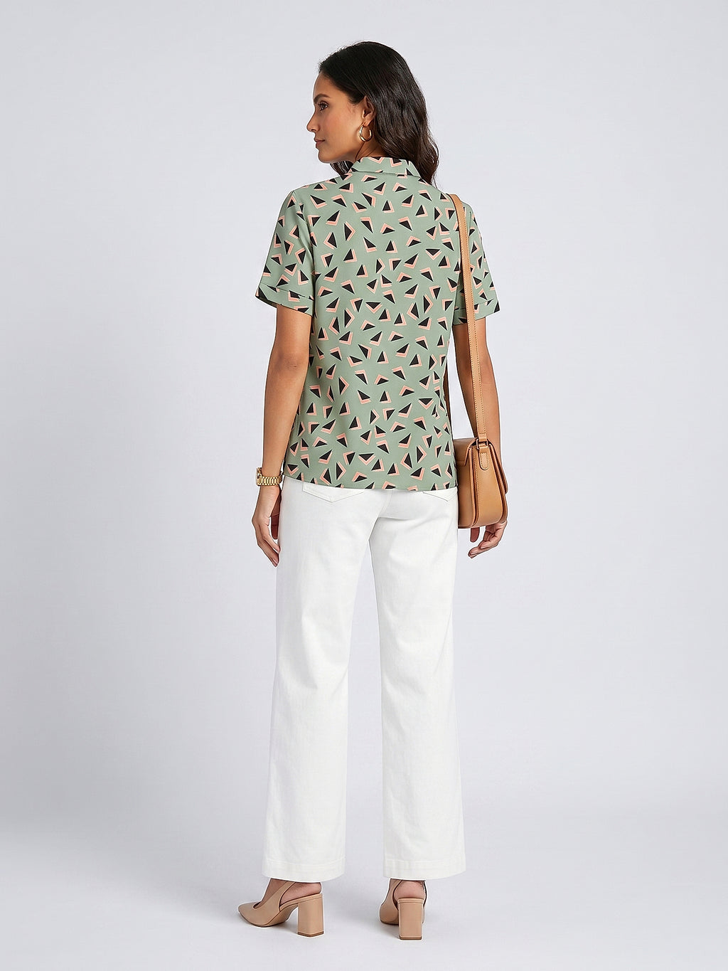 Yeşil - Farren Fırfırlı Kısa Kollu Poplin Gömlek - FRN100825 - Model on white - back/side