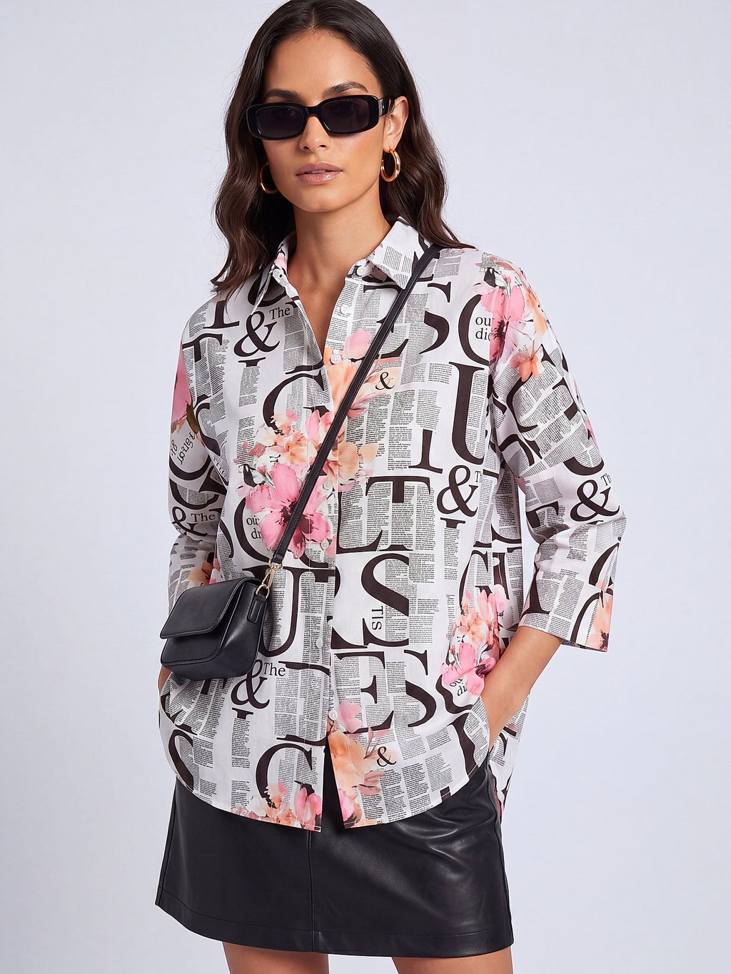 Beyaz - Farren Floral Desenli Poplin Gömlek - FRN1010125 - Editorial waist-up detail