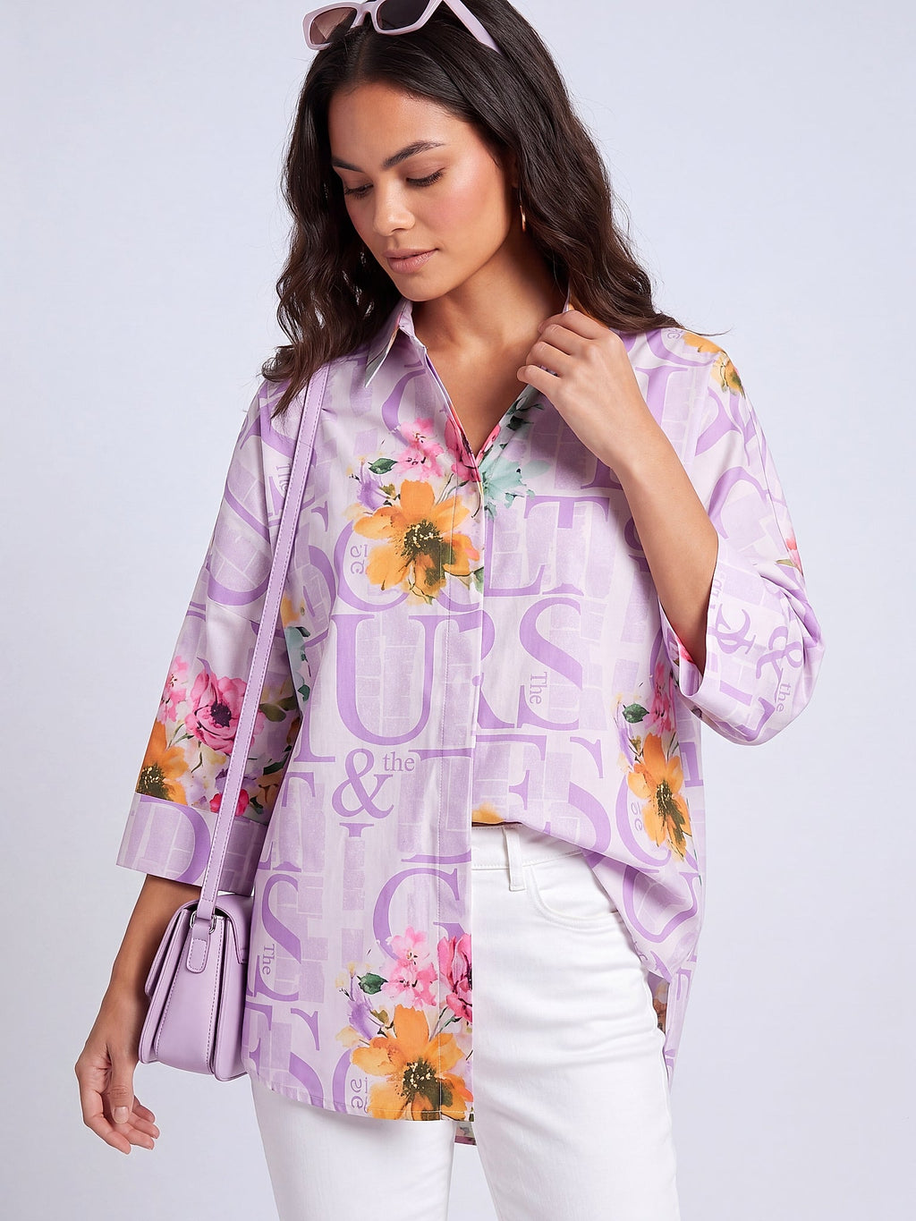 Lila - Farren Floral Desenli Poplin Gömlek - FRN1010125 - Editorial waist-up detail
