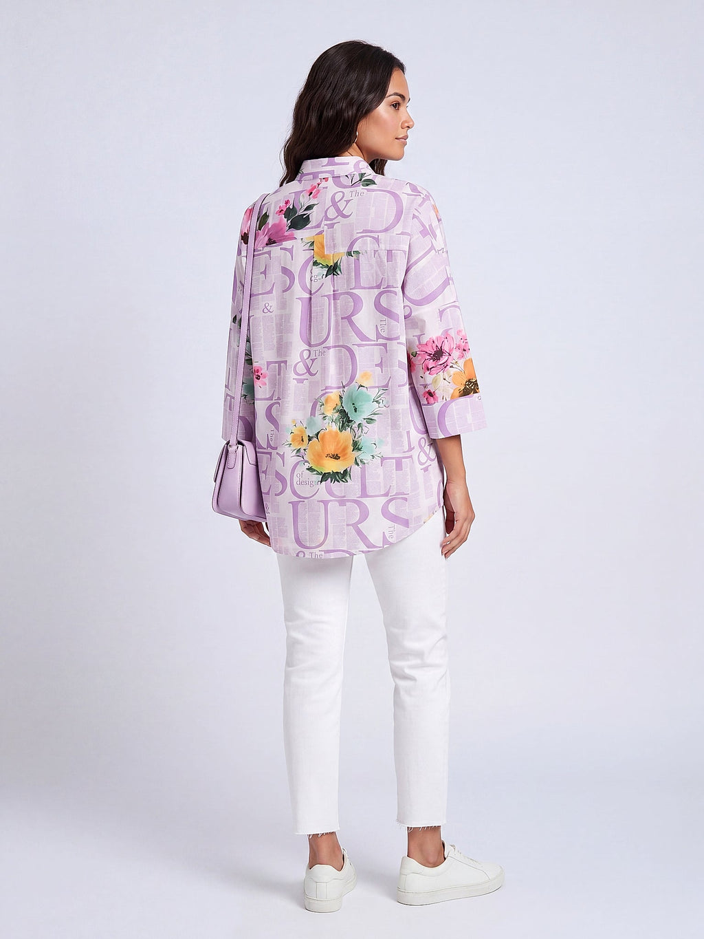 Lila - Farren Floral Desenli Poplin Gömlek - FRN1010125 - Model on white - back/side