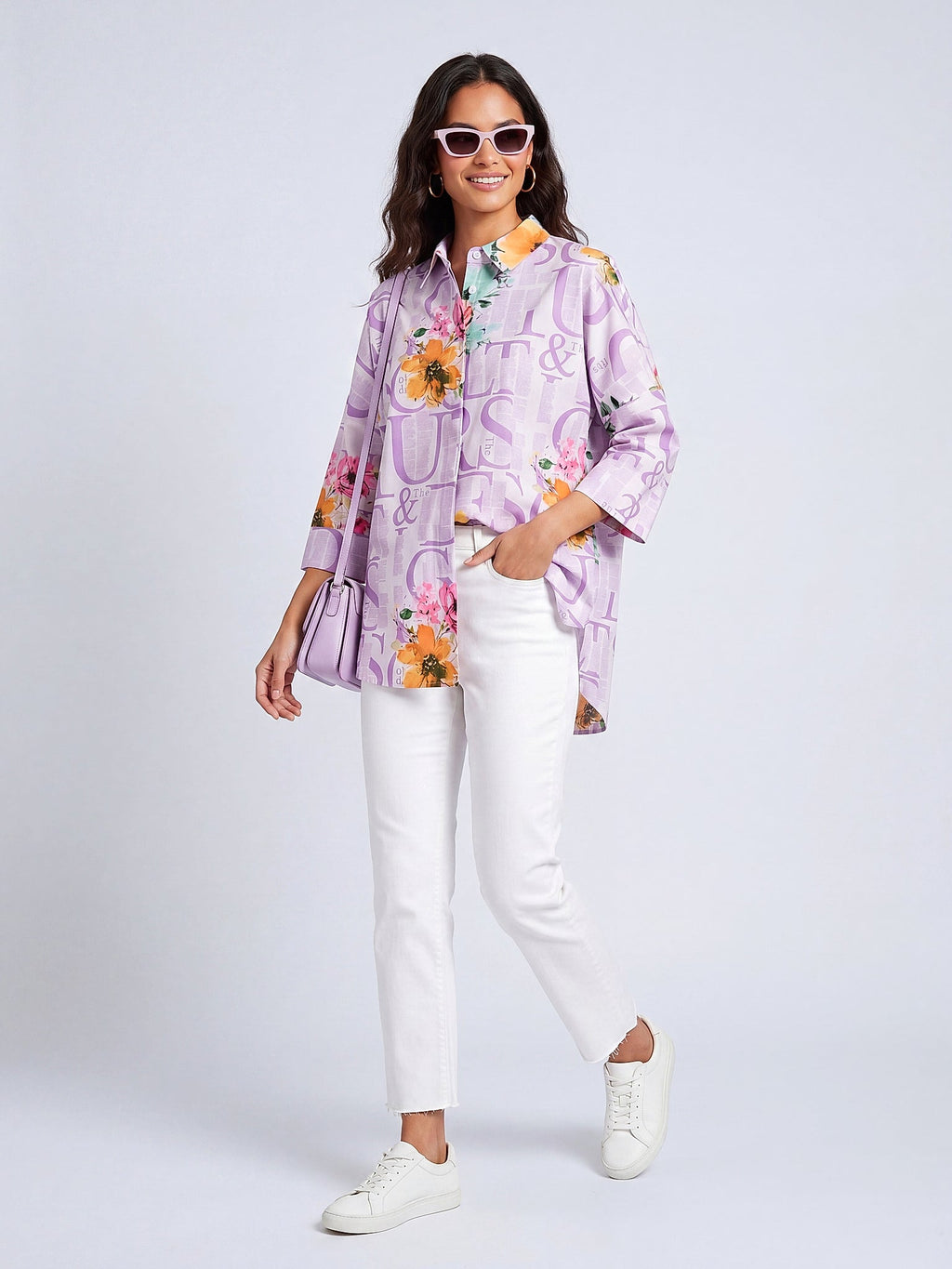 Lila - Farren Floral Desenli Poplin Gömlek - FRN1010125 - Model on white - front