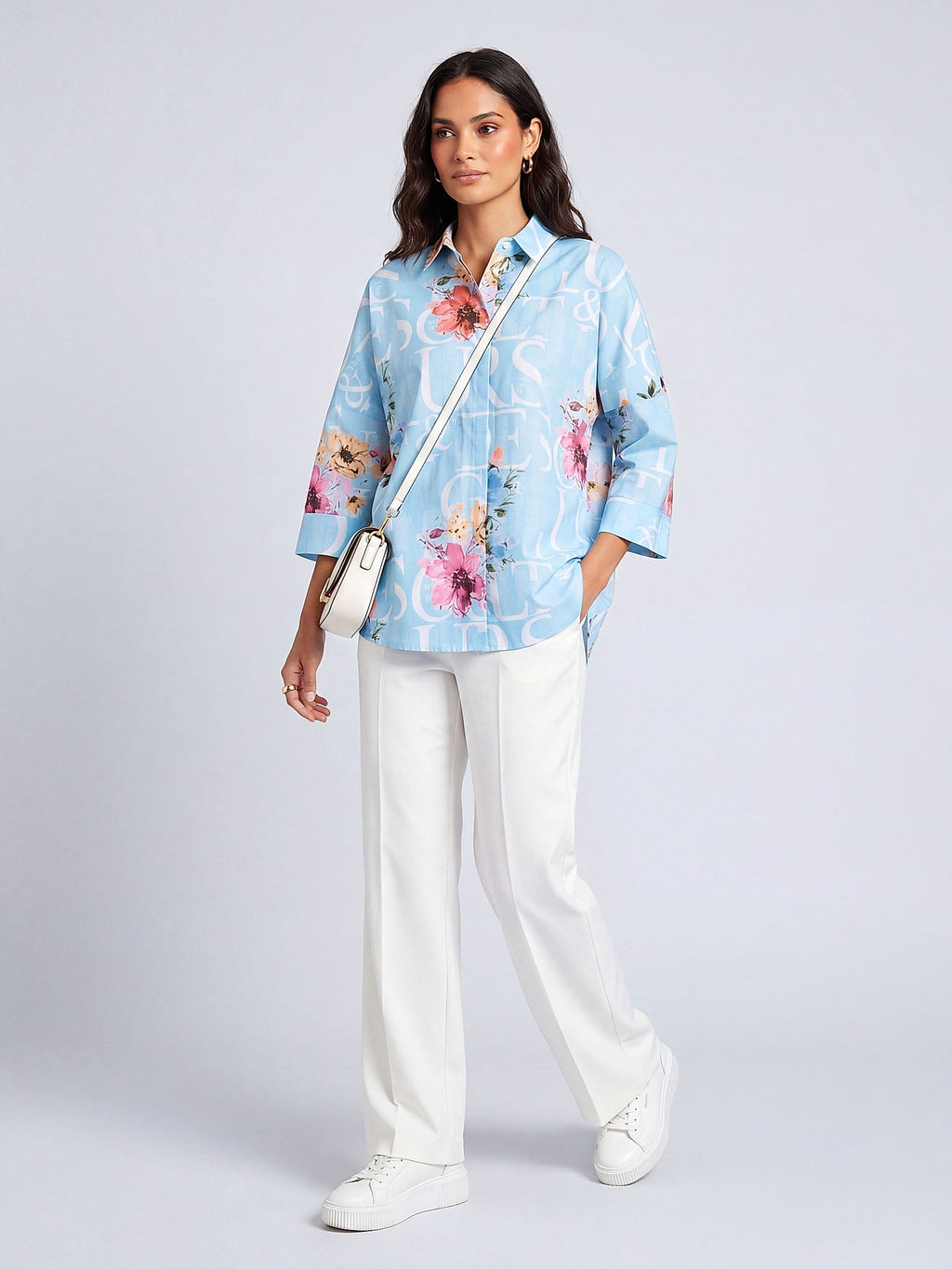 Mavi - Farren Floral Desenli Poplin Gömlek - FRN1010125 - Model on white - front