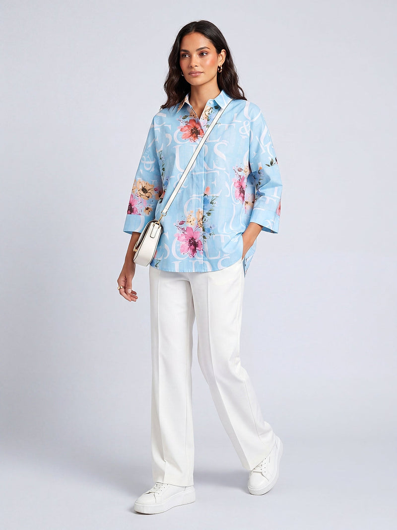Baskılı Oversize Poplin Gömlek · Mavi