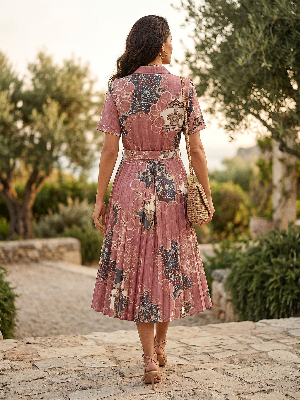 Pembe - Farren Gömlek Yaka Kuşaklı Desenli Midi Elbise - FRN3005 - Model on white - back/side