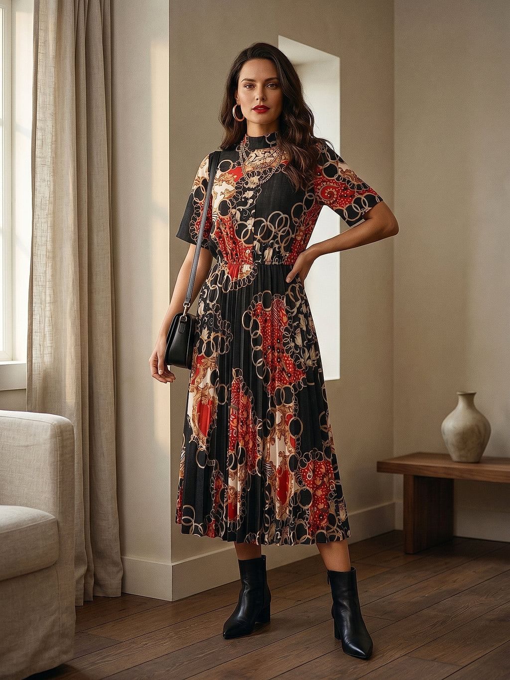 Siyah - Farren Gömlek Yaka Kuşaklı Desenli Midi Elbise - FRN3005 - Lookbook editorial interior